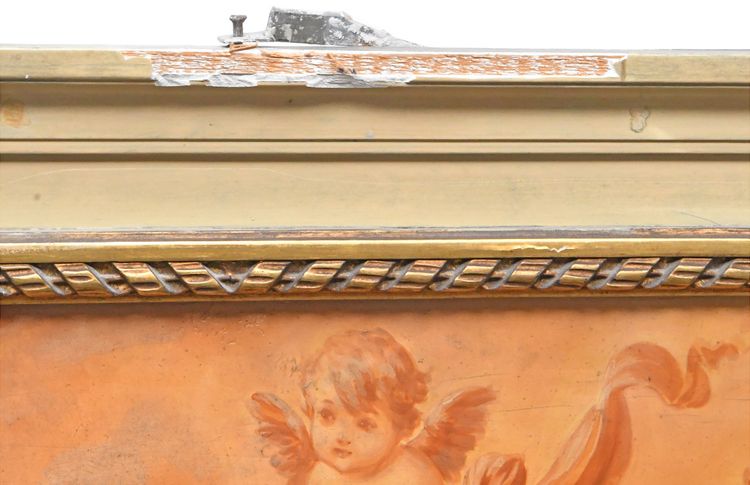Painted wooden trumeau topped with an oil on panel with cherubs