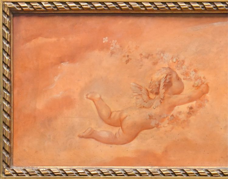 Painted wooden trumeau topped with an oil on panel with cherubs