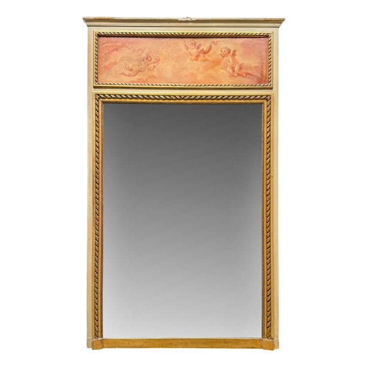 Painted wooden trumeau topped with an oil on panel with cherubs