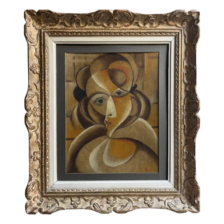 HSP painting "Cubist Face" Cubism early 20th century signed Cayo + frame