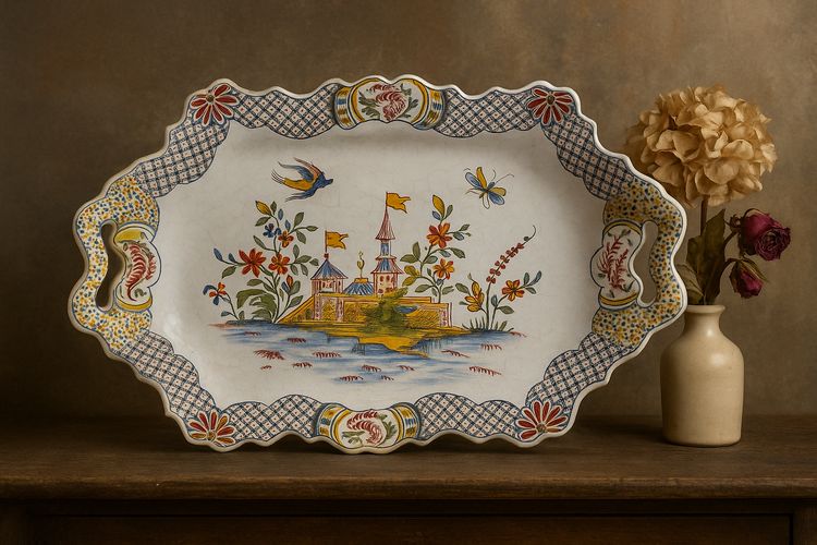 Large Sinceny Earthenware Tray – 18th Century – Chinoiserie & Bird Decor