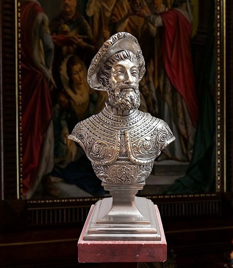Busto del XIX secolo in bronzo argentato e marmo rosso