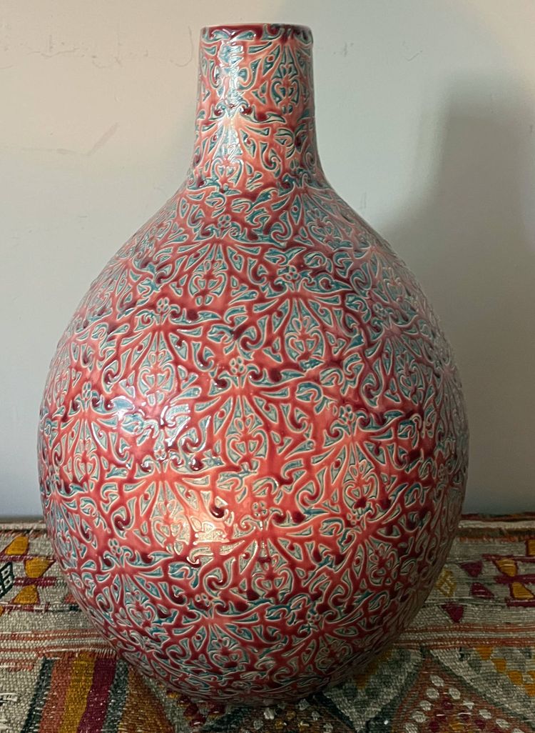 Grande vaso artistico in ceramica con intreccio in smalto firmato
