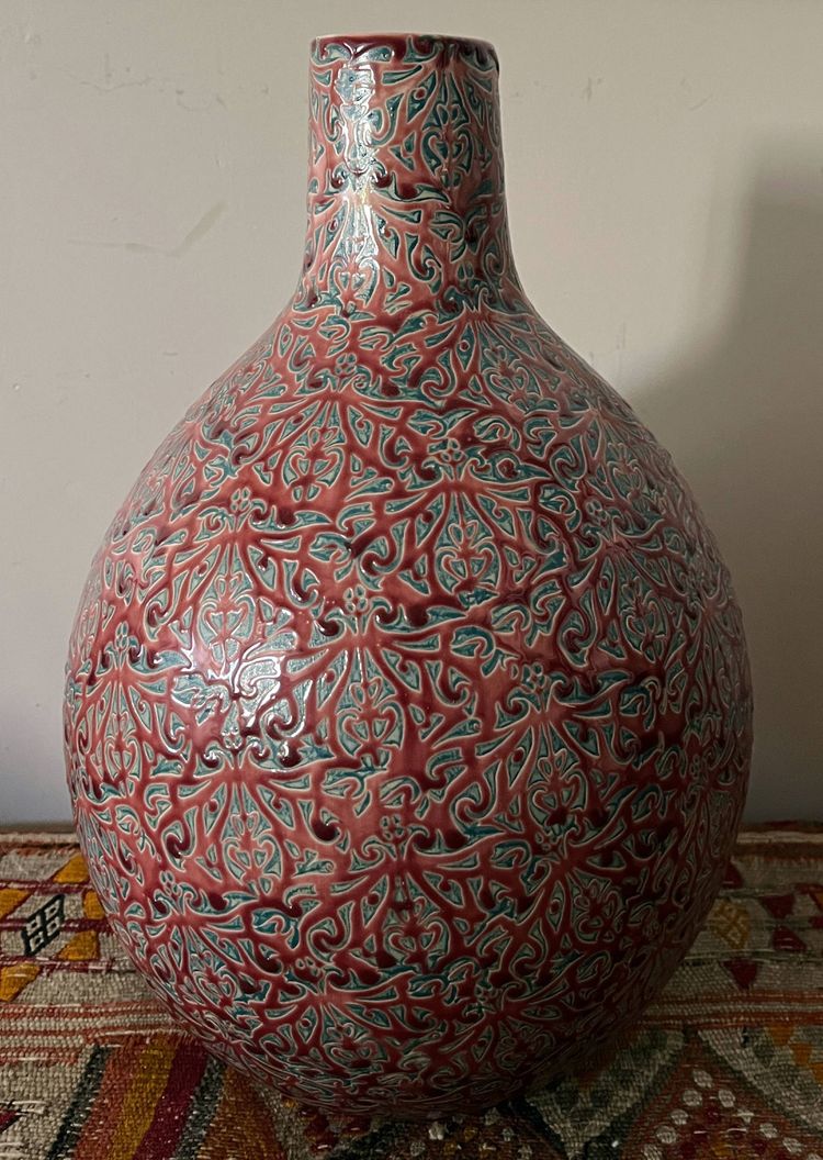 Grande vaso artistico in ceramica con intreccio in smalto firmato