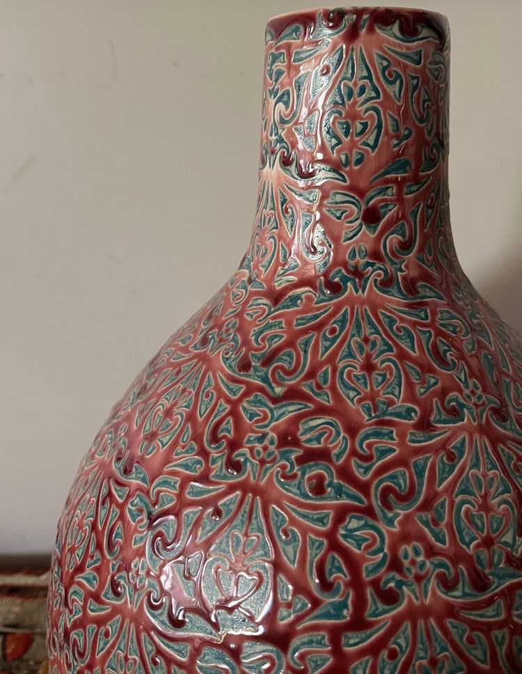 Grande vaso artistico in ceramica con intreccio in smalto firmato