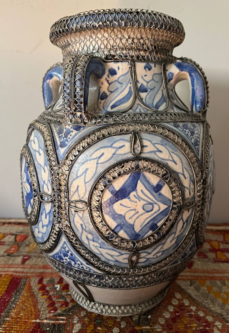 Vase Afrique du Nord Maroc Mauresque Filigrane Argent Fès céramique