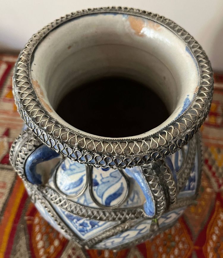 Vase Afrique du Nord Maroc Mauresque Filigrane Argent Fès céramique