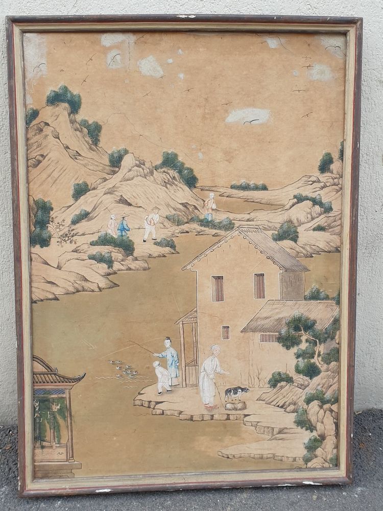 Tapete einer lebendigen chinesischen Landschaft, 19. Jahrhundert