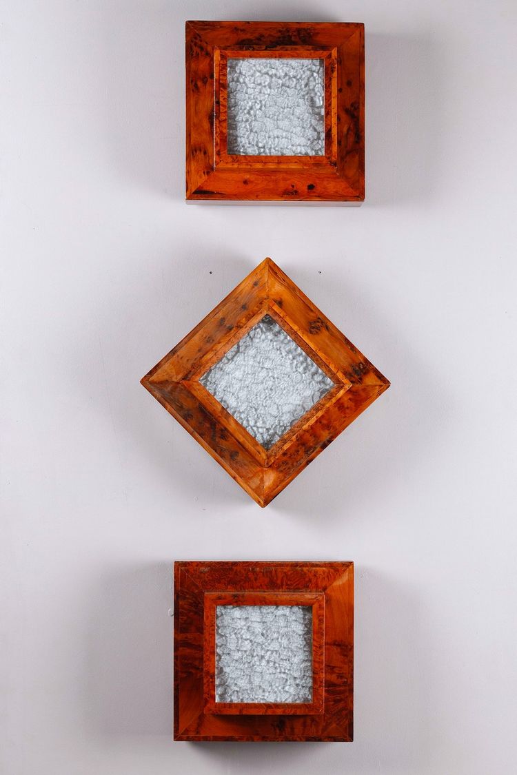 THREE ELM BURR VENEER CEILING OR WALL LIGHTS, ART DECO PERIOD