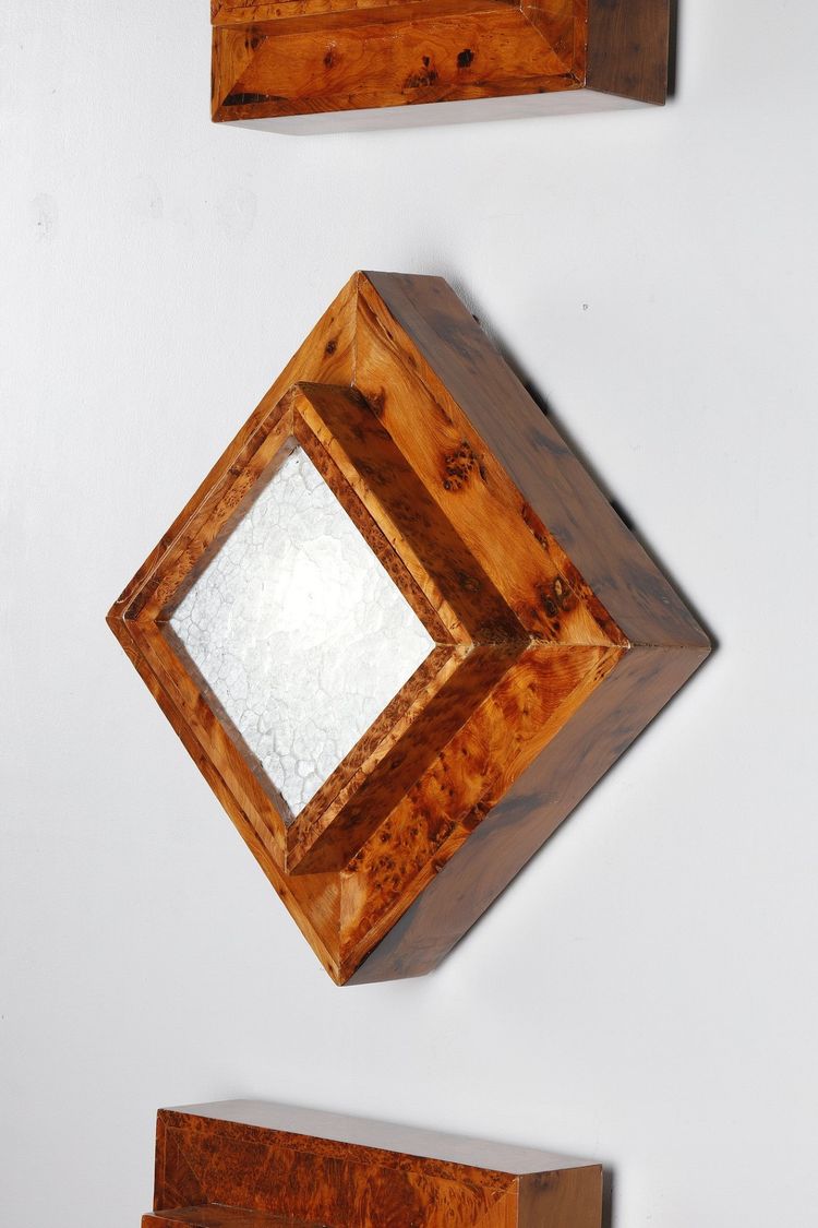 THREE ELM BURR VENEER CEILING OR WALL LIGHTS, ART DECO PERIOD