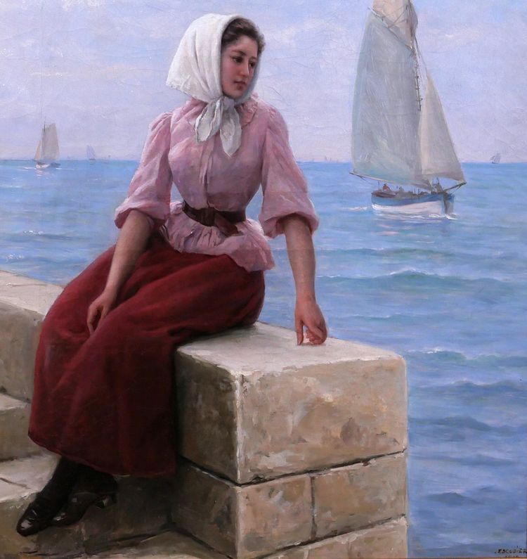 Charles ESCUDIER 1848-1923 Woman at the seaside waiting for the boat to return, painting, 1902