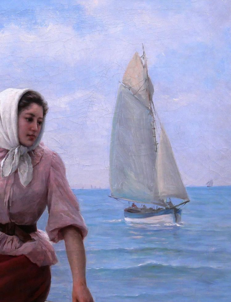 Charles ESCUDIER 1848-1923 Woman at the seaside waiting for the boat to return, painting, 1902