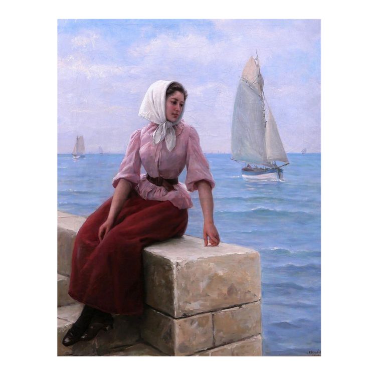 Charles ESCUDIER 1848-1923 Woman at the seaside waiting for the boat to return, painting, 1902
