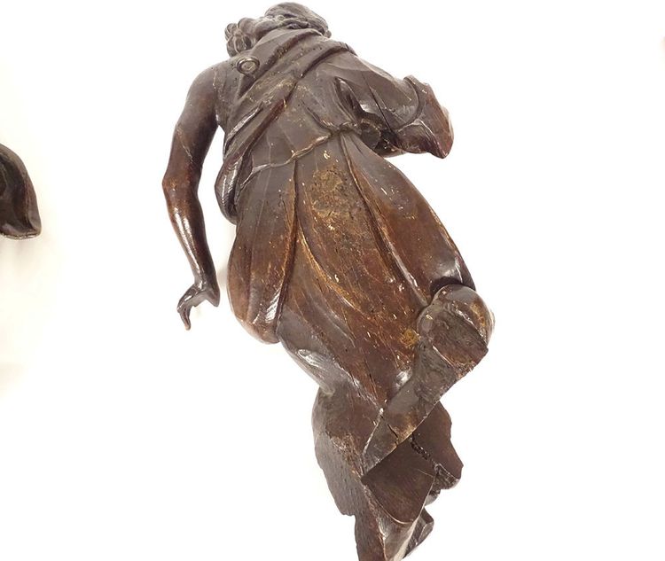2 grandi sculture statue coppia di angeli in quercia intagliata del XVII secolo