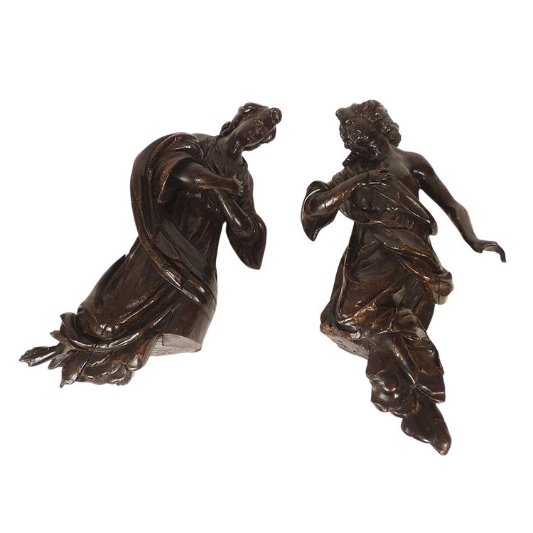 2 grandi sculture statue coppia di angeli in quercia intagliata del XVII secolo
