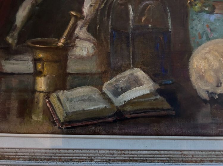 Roger MASSON (1890-1950) HST Großes Stillleben, Kuriositätenkabinett. Gehäutet, Eitelkeit, Schädel