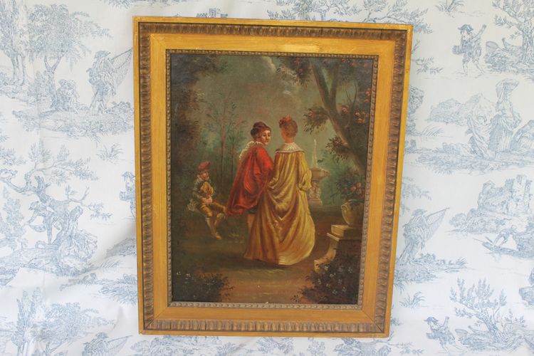 Pair of framed oils on canvas depicting gallant scenes from the Romantic period, 19th century