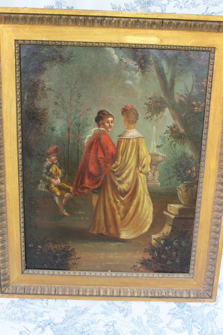 Pair of framed oils on canvas depicting gallant scenes from the Romantic period, 19th century