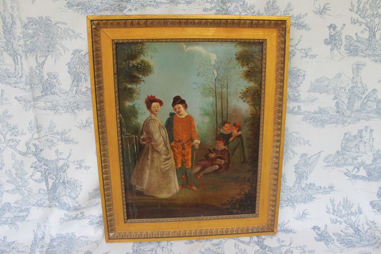 Pair of framed oils on canvas depicting gallant scenes from the Romantic period, 19th century