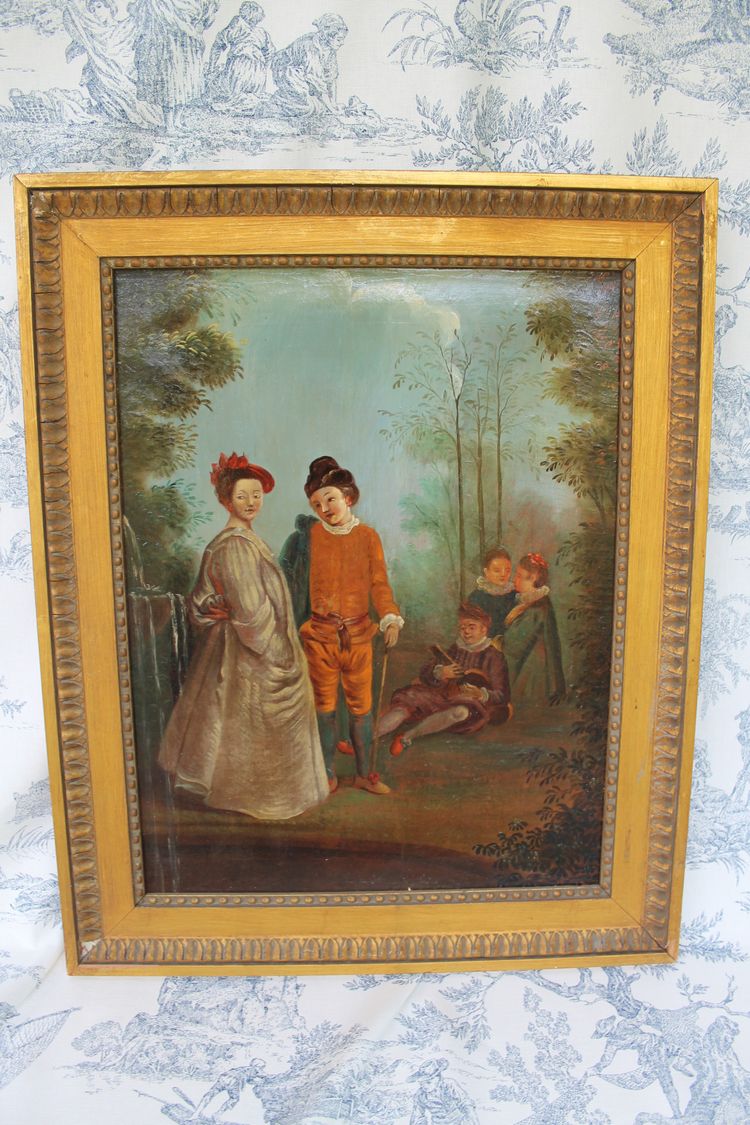 Pair of framed oils on canvas depicting gallant scenes from the Romantic period, 19th century