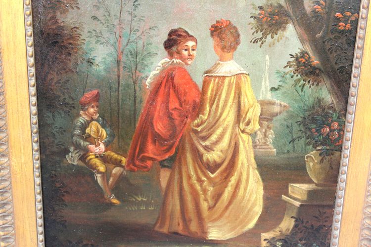Pair of framed oils on canvas depicting gallant scenes from the Romantic period, 19th century