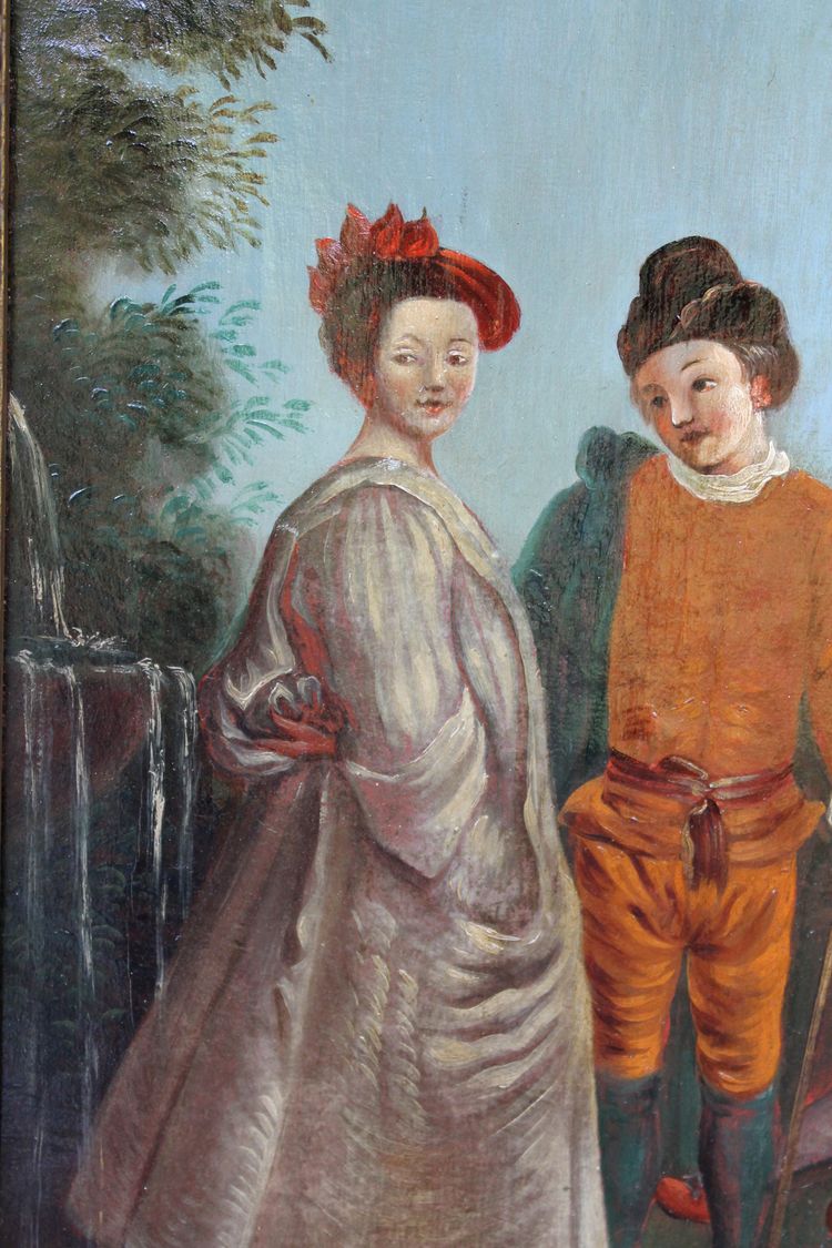 Pair of framed oils on canvas depicting gallant scenes from the Romantic period, 19th century