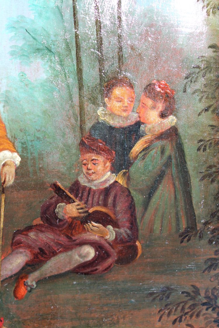 Pair of framed oils on canvas depicting gallant scenes from the Romantic period, 19th century