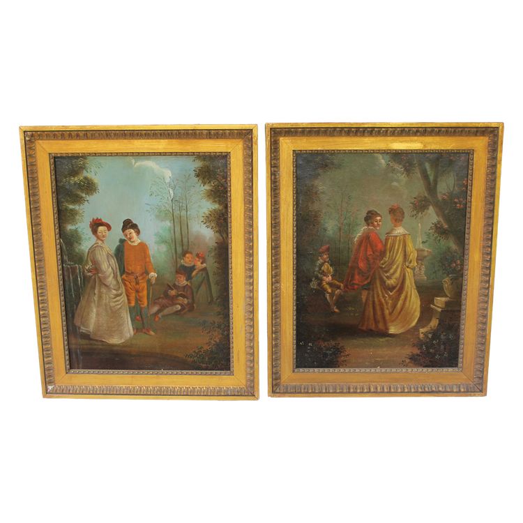 Pair of framed oils on canvas depicting gallant scenes from the Romantic period, 19th century