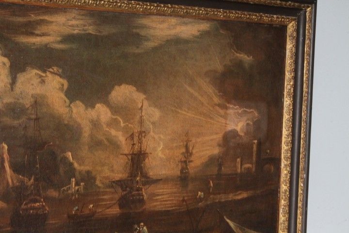 Tableau « Vue du port à l'aube ». Huile sur toile, XVIIe siècle, Giovanni Grevenbroeck – Solfarolo. Mis
