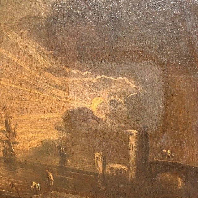 Tableau « Vue du port à l'aube ». Huile sur toile, XVIIe siècle, Giovanni Grevenbroeck – Solfarolo. Mis