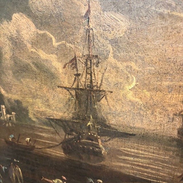 Tableau « Vue du port à l'aube ». Huile sur toile, XVIIe siècle, Giovanni Grevenbroeck – Solfarolo. Mis