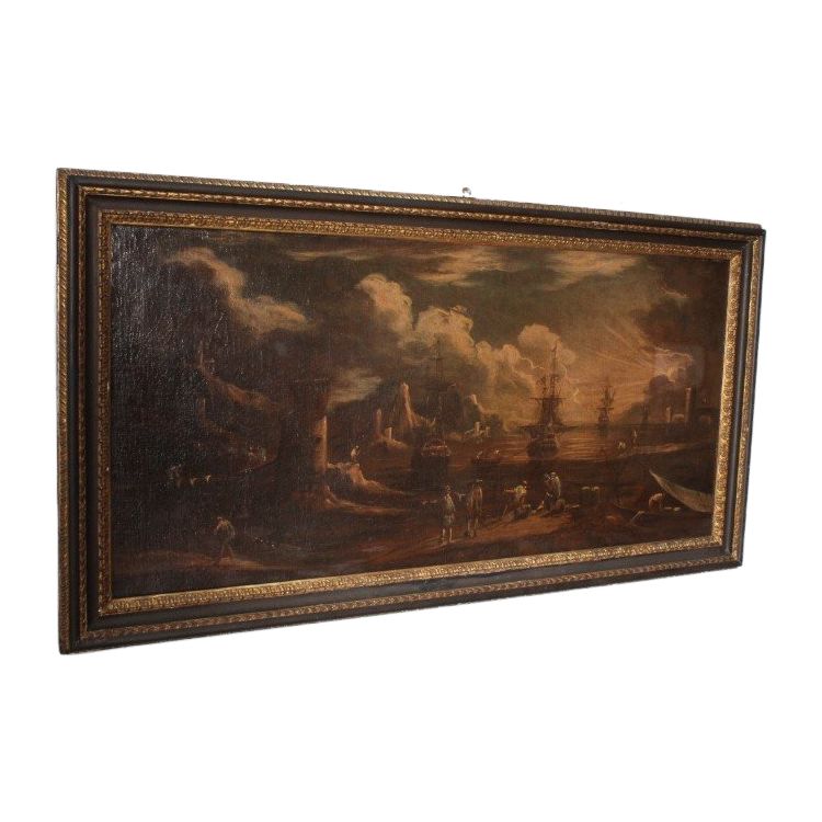 Tableau « Vue du port à l'aube ». Huile sur toile, XVIIe siècle, Giovanni Grevenbroeck – Solfarolo. Mis