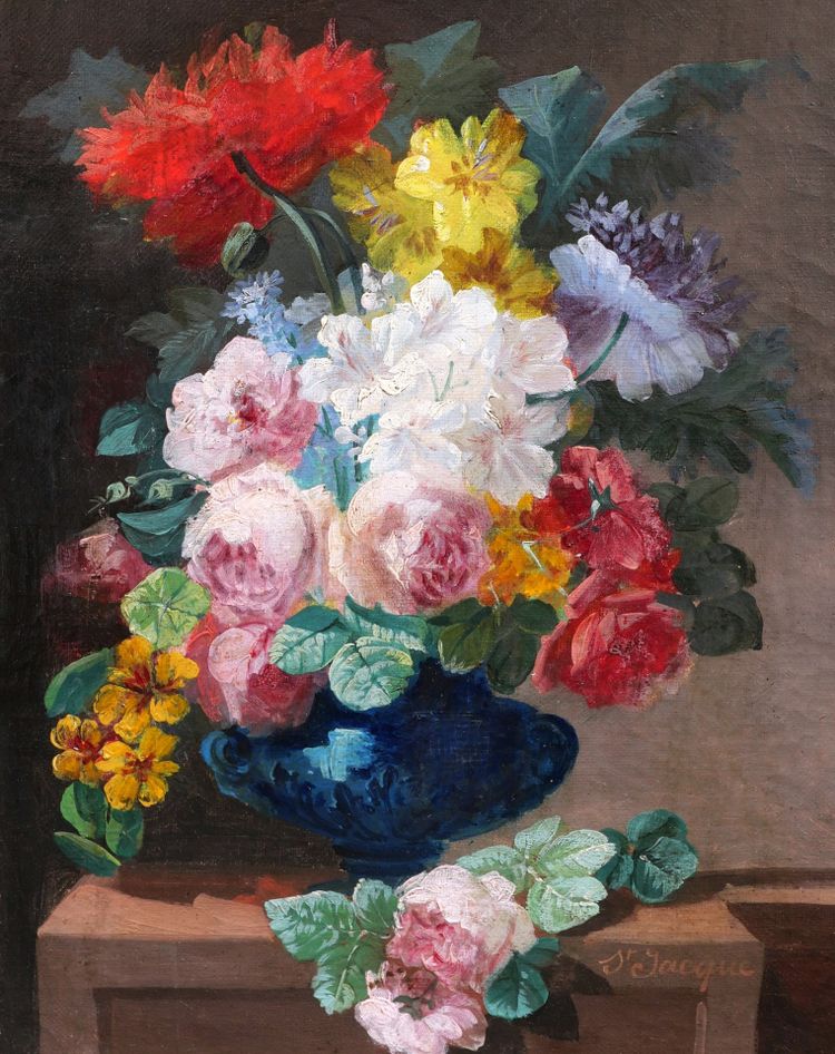 Thérèse SAINT-JACQUE, Paar Stillleben mit Blumenvasen
