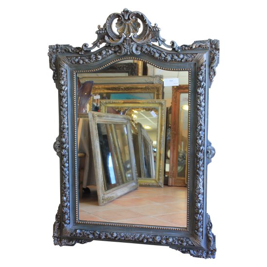 Antique Napoleon III Shell Fronton Mirror, patinato 85 X 120 Cm