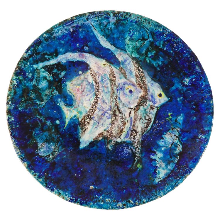 Grande piatto vintage in ceramica con decoro a forma di pesce azzurro degli anni '50/'60, dlg P-R LUCAS