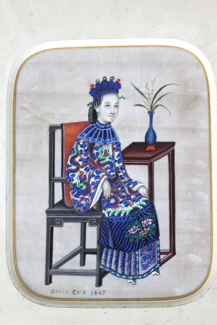 David Cox gouache sur papier de riz signée et datée 1847 femme assise Chine oeuvre encadrée