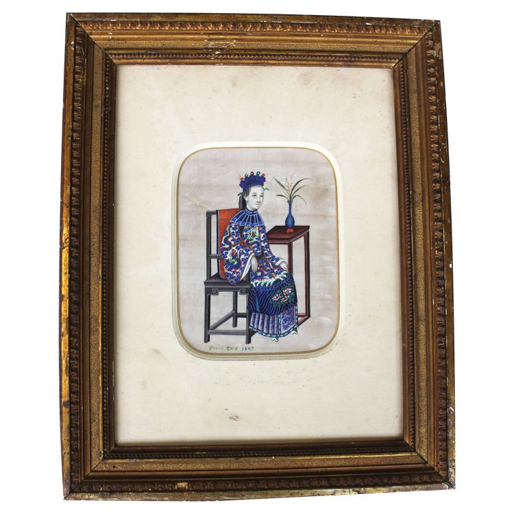 David Cox gouache sur papier de riz signée et datée 1847 femme assise Chine oeuvre encadrée