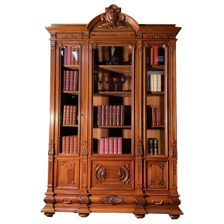 Grande libreria Napoleone III in noce biondo del XIX secolo a 3 ante