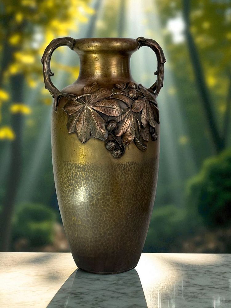 LARGE ART NOUVEAU VASE IN PATINATED BRONZE STAMPED KAYSER WITH BROWN DECOR