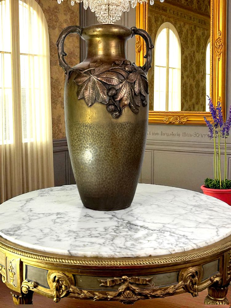 LARGE ART NOUVEAU VASE IN PATINATED BRONZE STAMPED KAYSER WITH BROWN DECOR