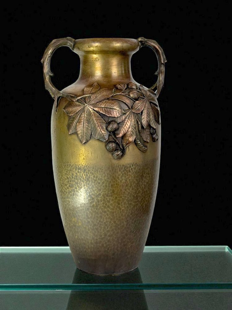 LARGE ART NOUVEAU VASE IN PATINATED BRONZE STAMPED KAYSER WITH BROWN DECOR
