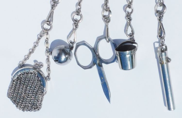 19th century steel chatelaine folding scissors thimble holder needle case