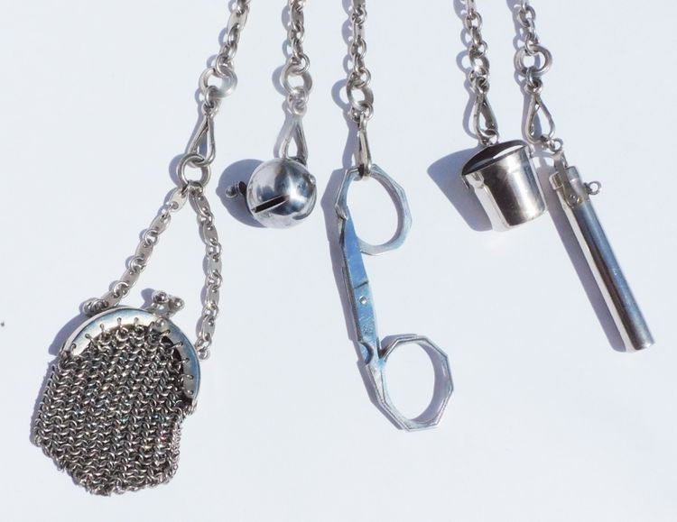 19th century steel chatelaine folding scissors thimble holder needle case