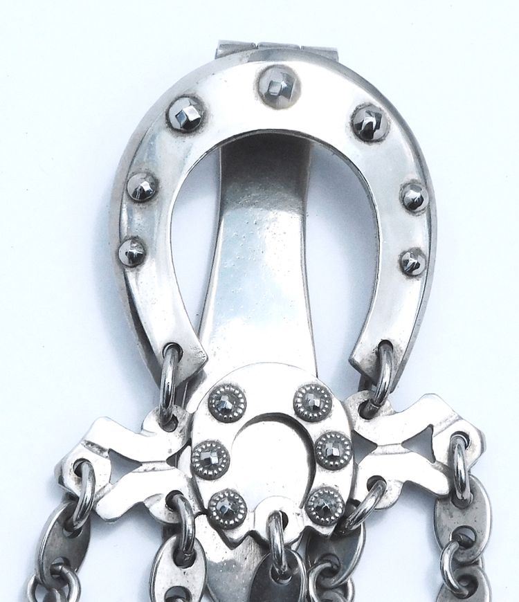 19th century steel chatelaine folding scissors thimble holder needle case