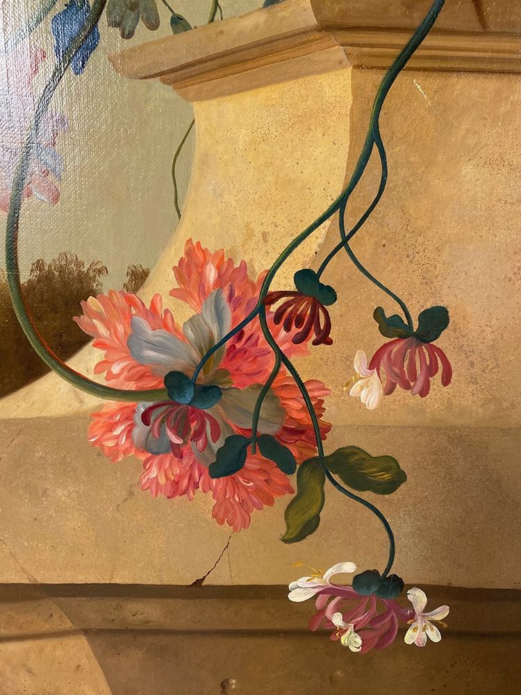 Stillleben mit Blumen und Kakadu, Öl auf Leinwand 20. Jahrhundert