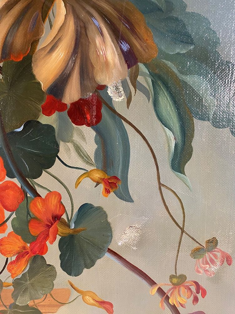 Stillleben mit Blumen und Kakadu, Öl auf Leinwand 20. Jahrhundert