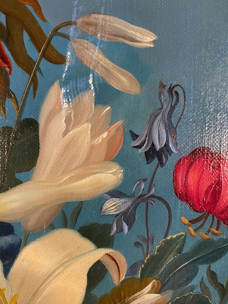 Stillleben mit Blumen und Kakadu, Öl auf Leinwand 20. Jahrhundert