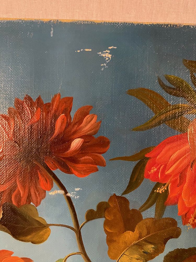 Stillleben mit Blumen und Kakadu, Öl auf Leinwand 20. Jahrhundert