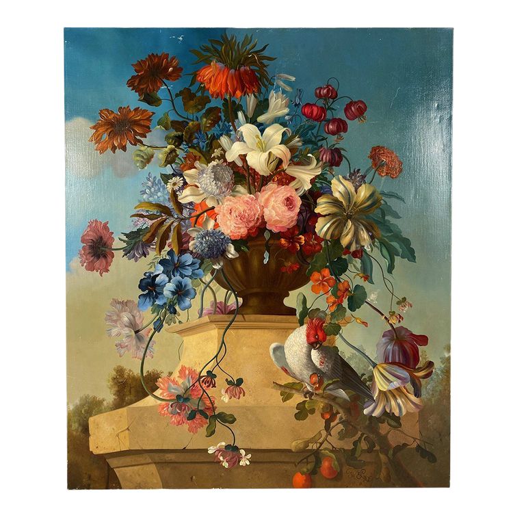 Stillleben mit Blumen und Kakadu, Öl auf Leinwand 20. Jahrhundert
