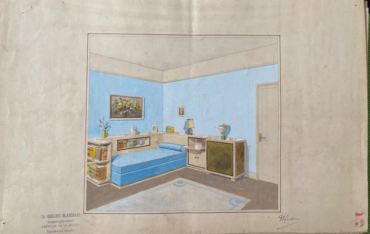 Satz von fünf Innenarchitekturprojekten. Gouache. Th. Guillou-Blanchard. Anfang des 20. Jahrhunderts.